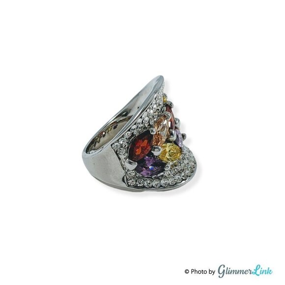 Wide Multi Color Crystals Silver Tone Concave Statement Ring - Picture 6 of 13
